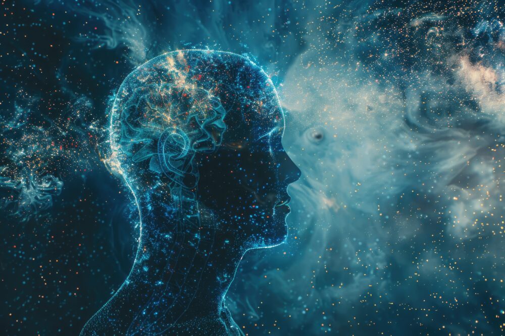 Human Body Energy. Spiritual Aura with Astral Body Silhouette in Abstract Space Background