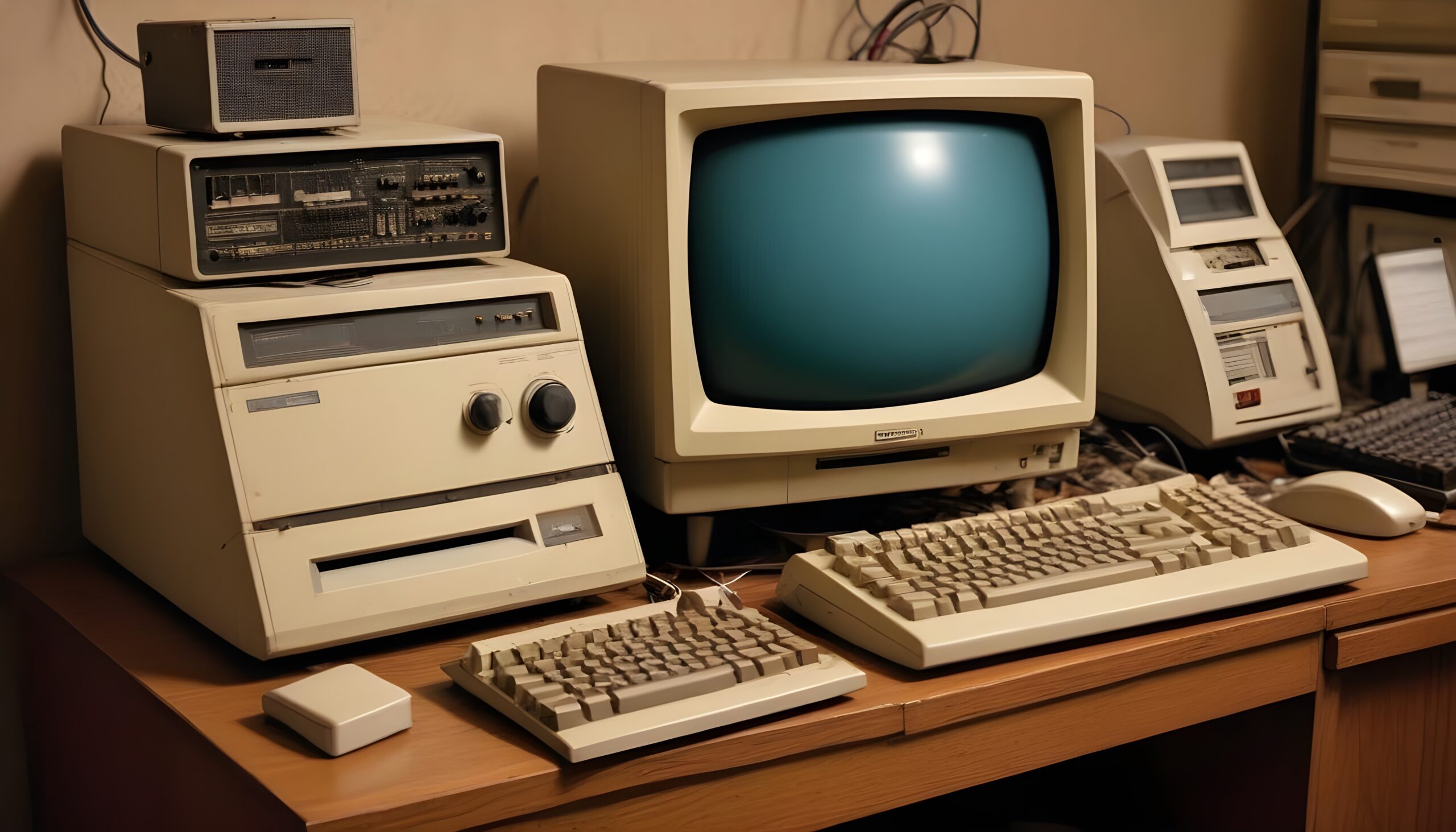 In the times of technological history an old computer holds on desk ialong its evolution of electronics