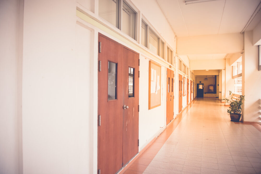 Inside the school building with sunlight