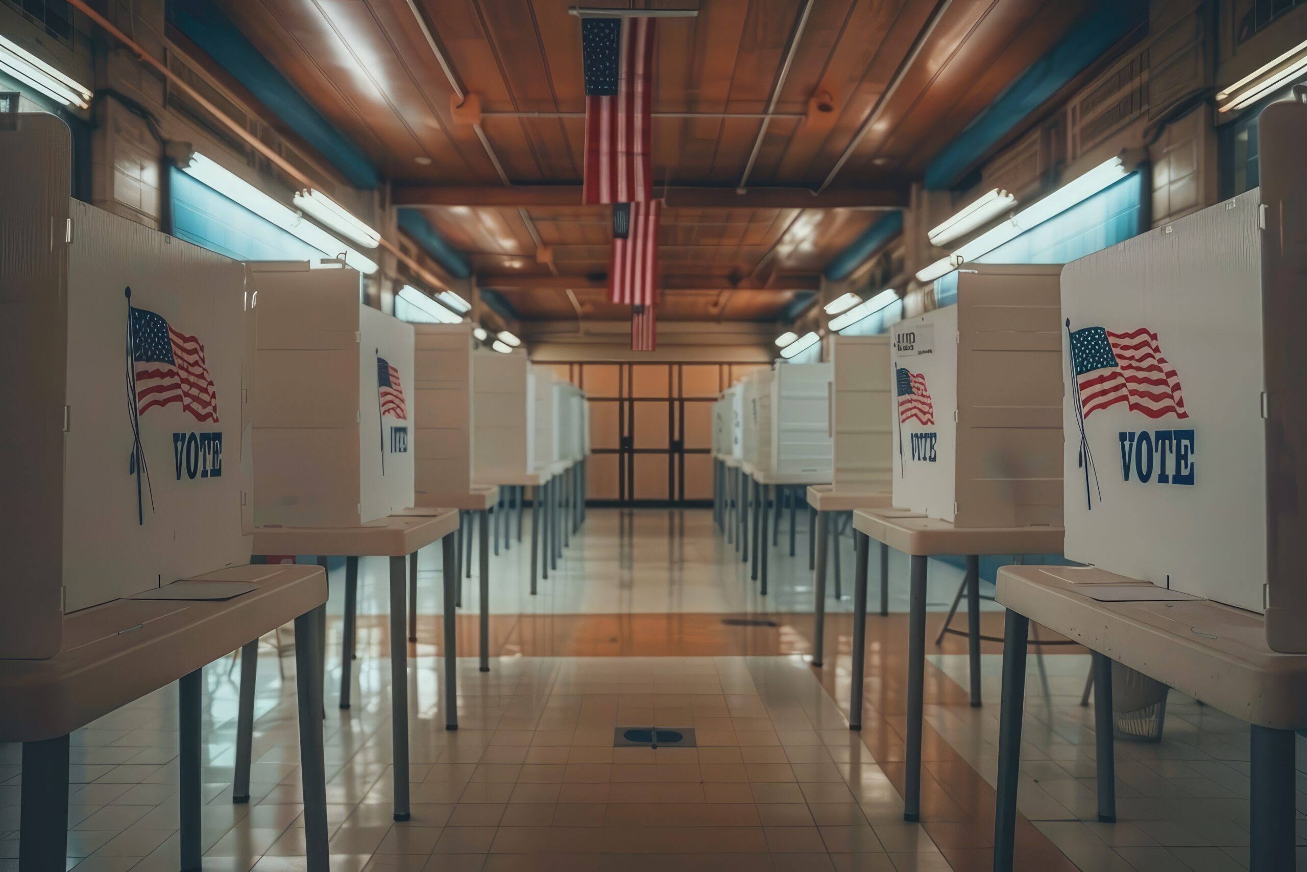 Interior of an empty polling place in the USA. . Elections in the USA and democracy concept,