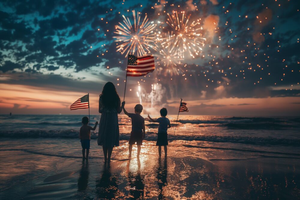 Lively 4th of July beach celebration, with families enjoying the sun, American flags planted in the sand, and a spectacular fireworks show reflecting over the ocean
