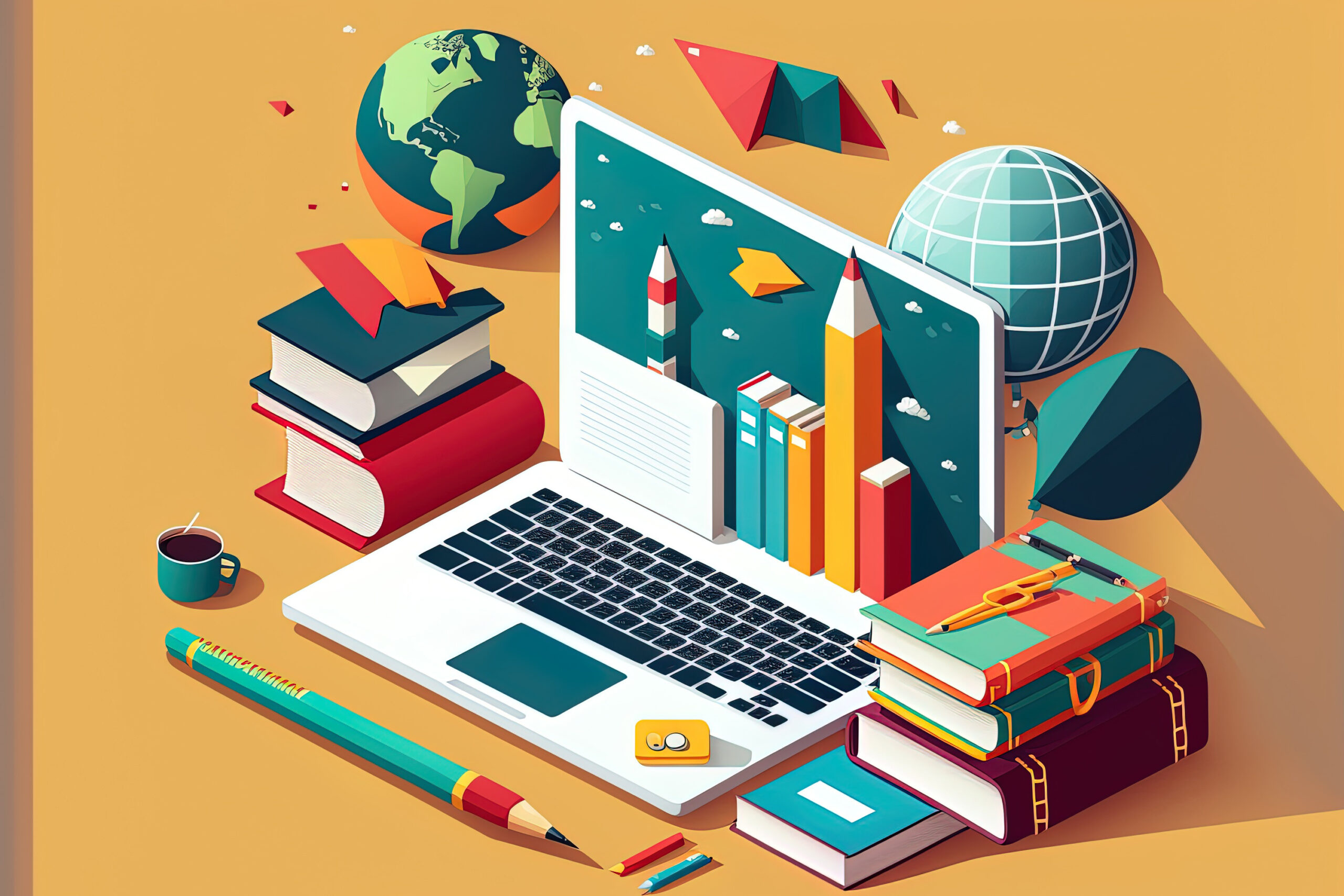 Online learning, freelancing, and a home office furnished with laptops, computers, office supplies, and a rocket. Icons for digital study environments and remote e learning. Internet based learning is