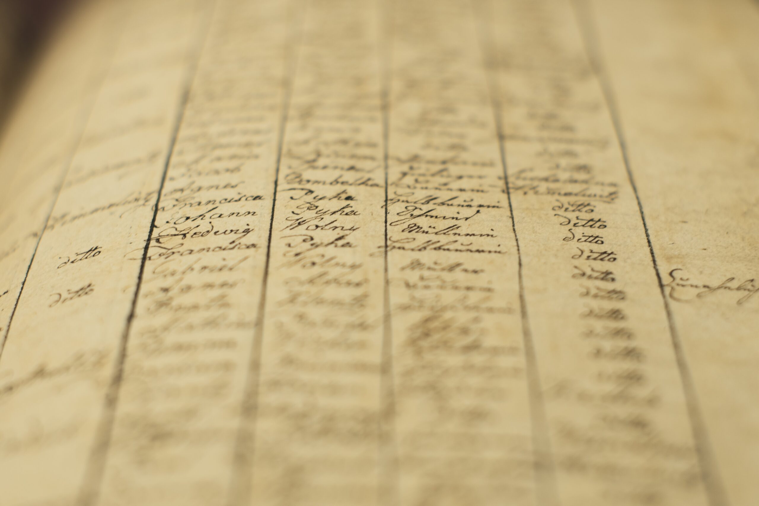 Soft focus of an old book of local records with list of residents' names and information