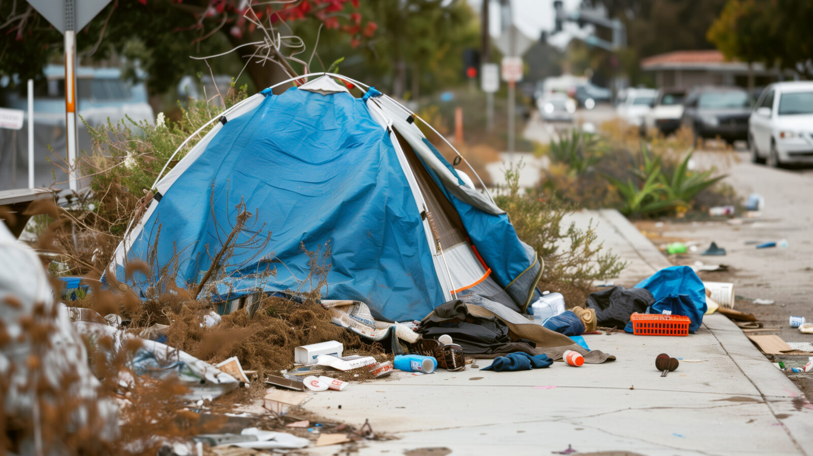 Urban homeless encampment with a dilapidated blue tent surrounded by trash on a sidewalk.