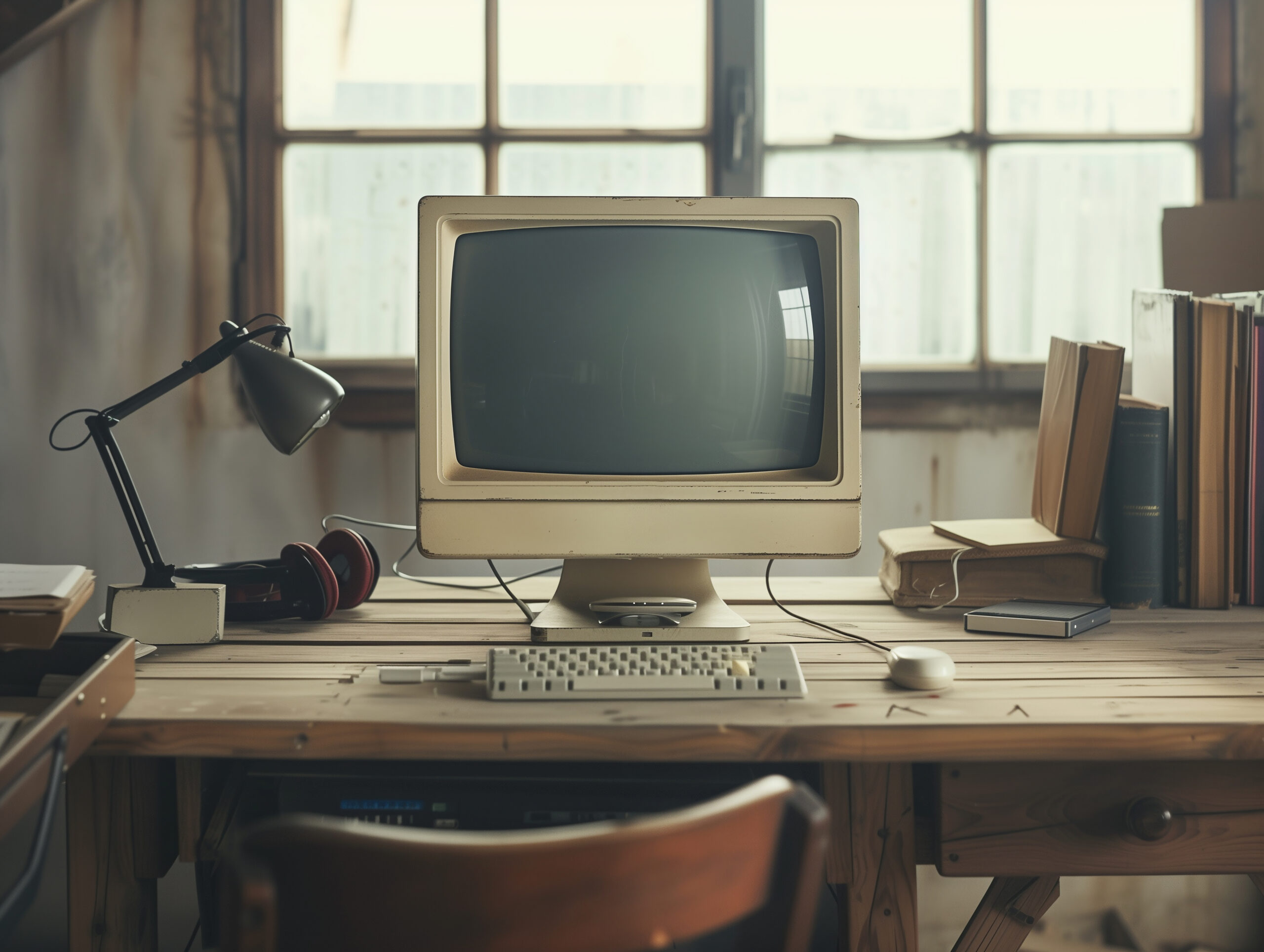 Vintage retro abandoned coworking office in dusty dirty room with vintage PC personal computer, keyboard. Media services, new digital world, end of analog devices, streaming services concept image.