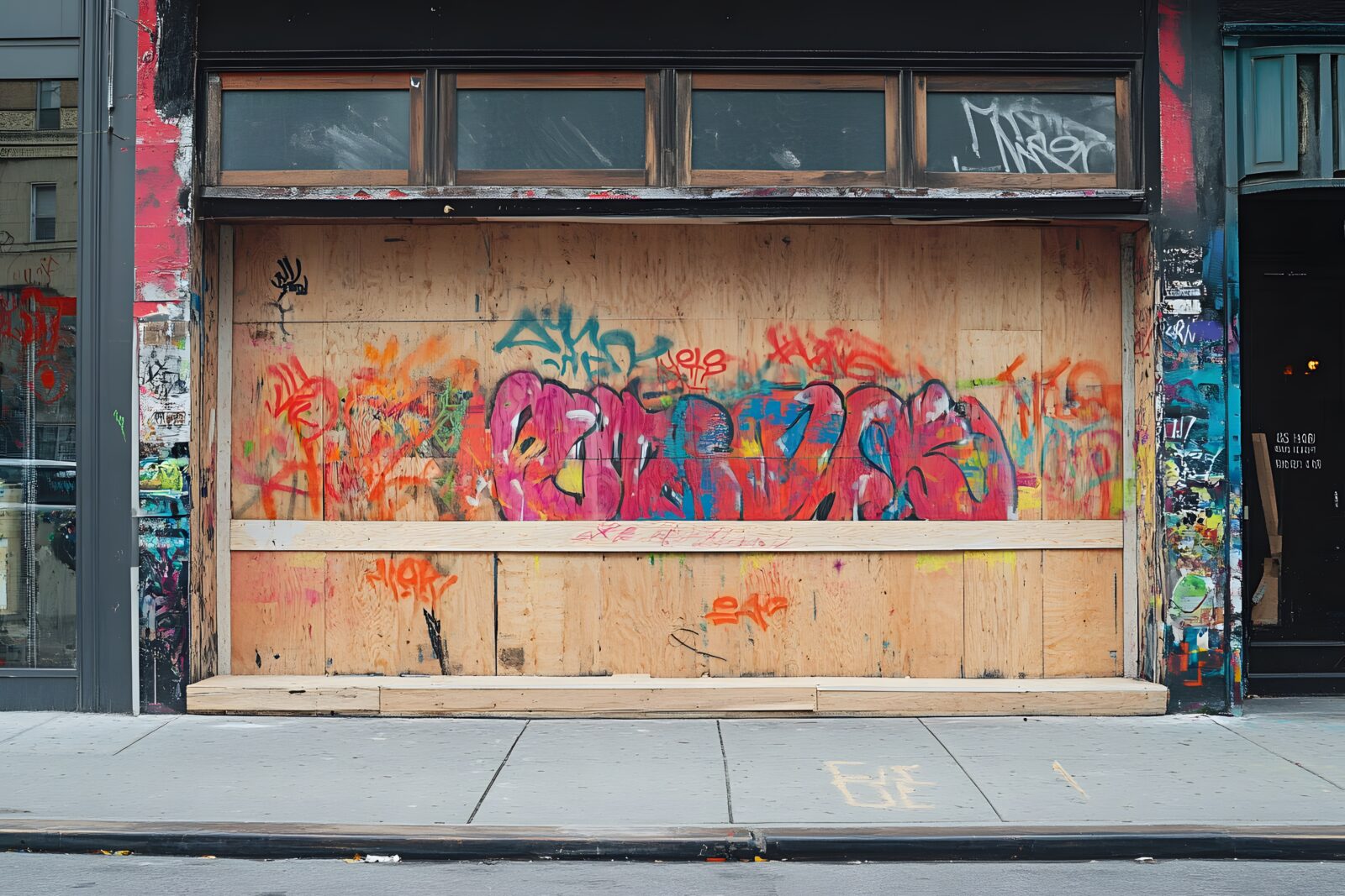 A boarded-up storefront with colorful graffiti art