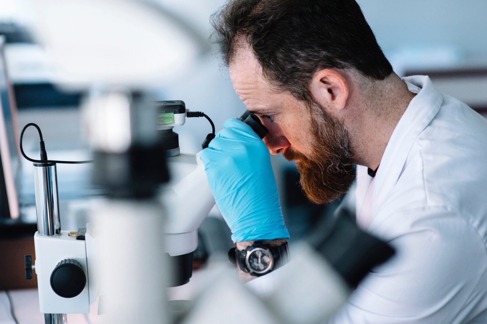 Scientist in laboratory looking through microscope