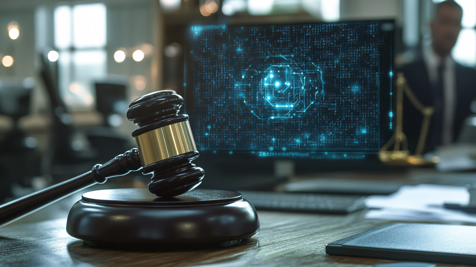 A gavel rests on a desk, with an AI screen in the background symbolizing the legal implications of artificial intelligence in the field of technology and law.