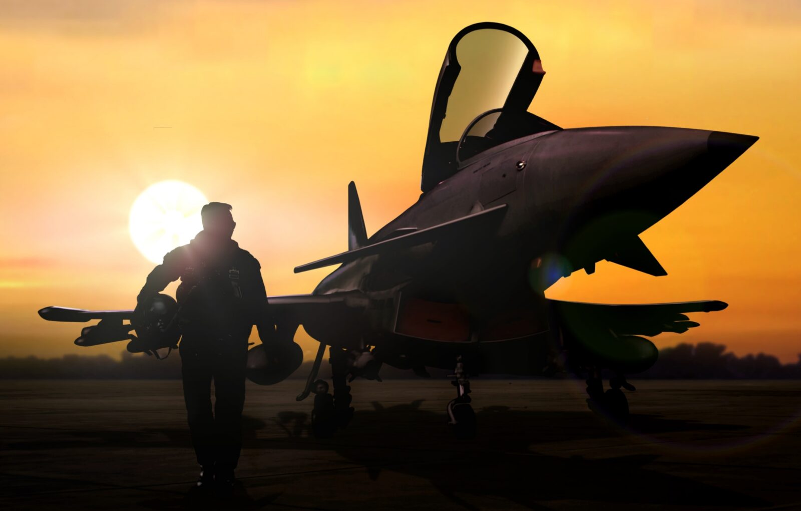 Military pilot and aircraft at airfield on mission standby