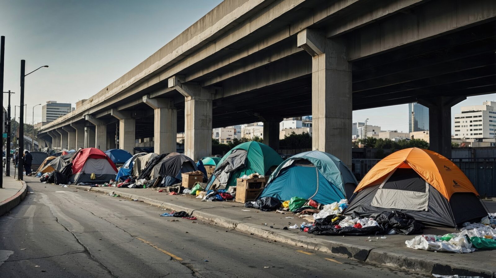 A homeless encampment with multiple tents and scattered belongings is set up on a street under a concrete freeway overpass, highlighting issues of urban poverty