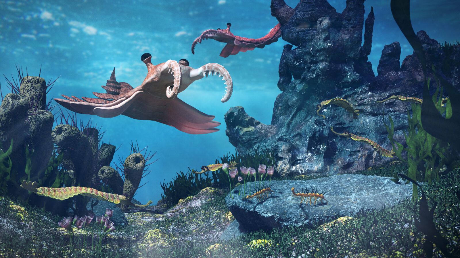 creatures of the Cambrian period, underwater scene with Anomalocaris, Opabinia, Hallucigenia, Pirania and Dinomischus (3d science illustration)