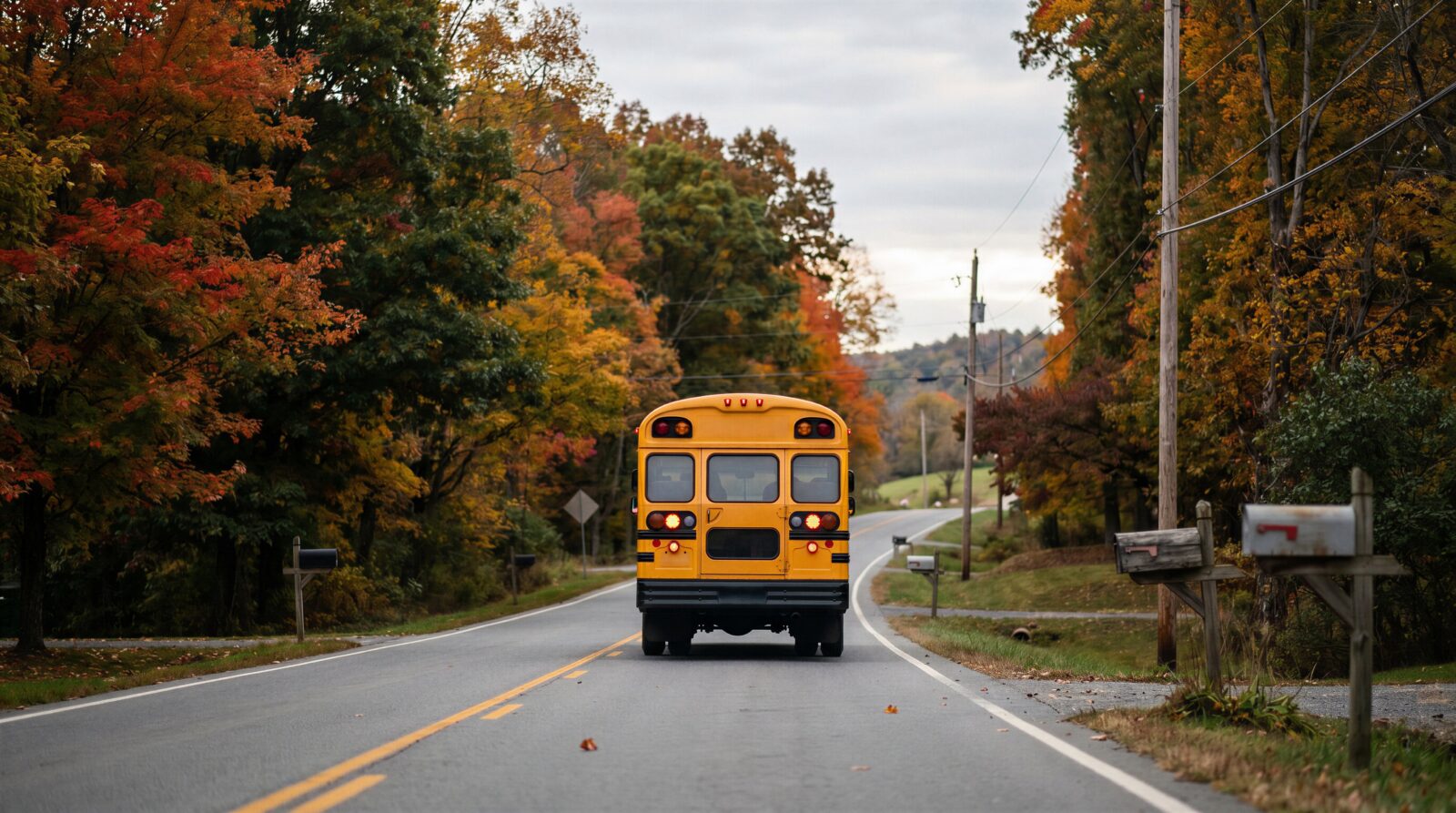 Yellow school bus driving on rural road through autumn trees, student transportation and back to school commute.