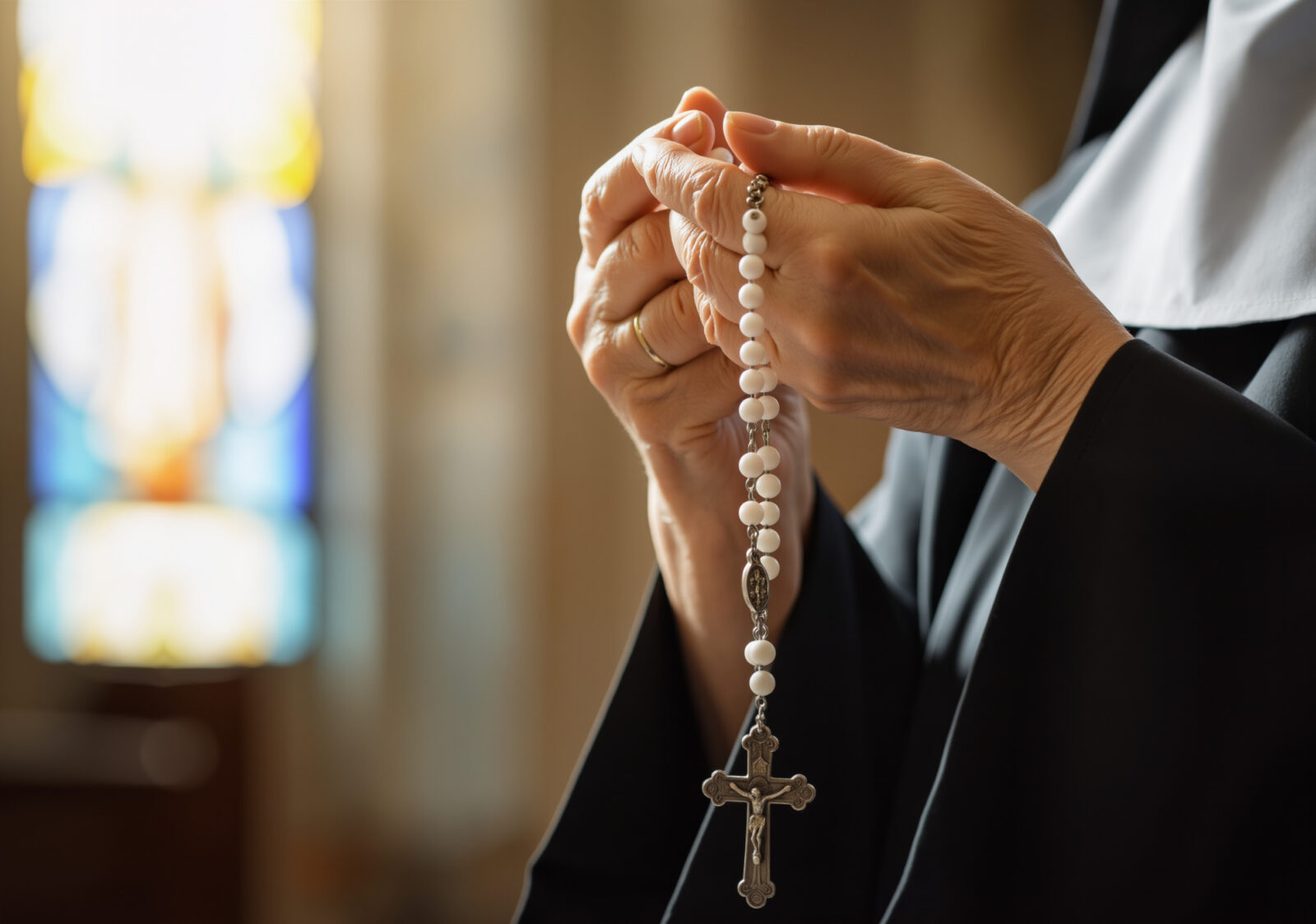 Elderly nun holding rosary beads and praying in a church, with stained glass window in background