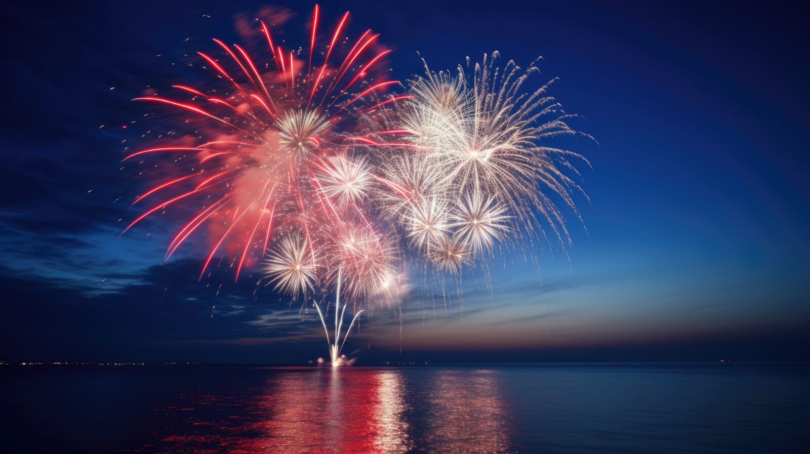 Red, blue, white fireworks above water with reflection on the black sky background. 4th of july celebration. American holiday. Generative ai