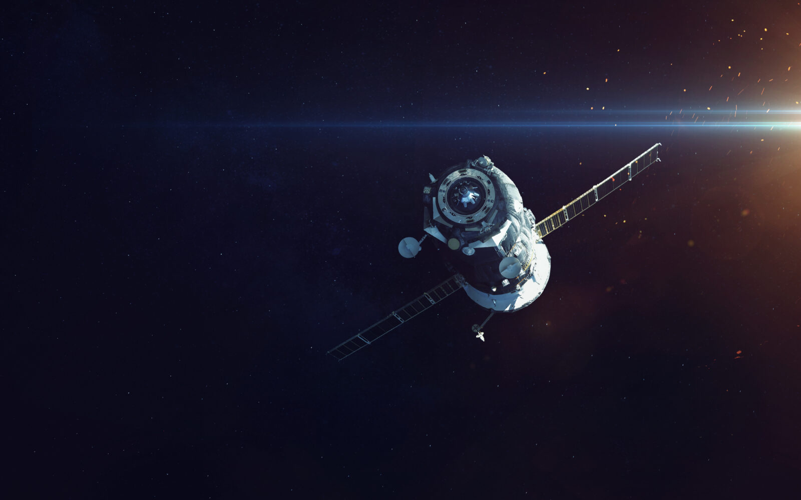 Spacecraft. Cosmic art, science fiction wallpaper. Beauty of deep space. Billions of galaxies in the universe. Elements of this image furnished by NASA