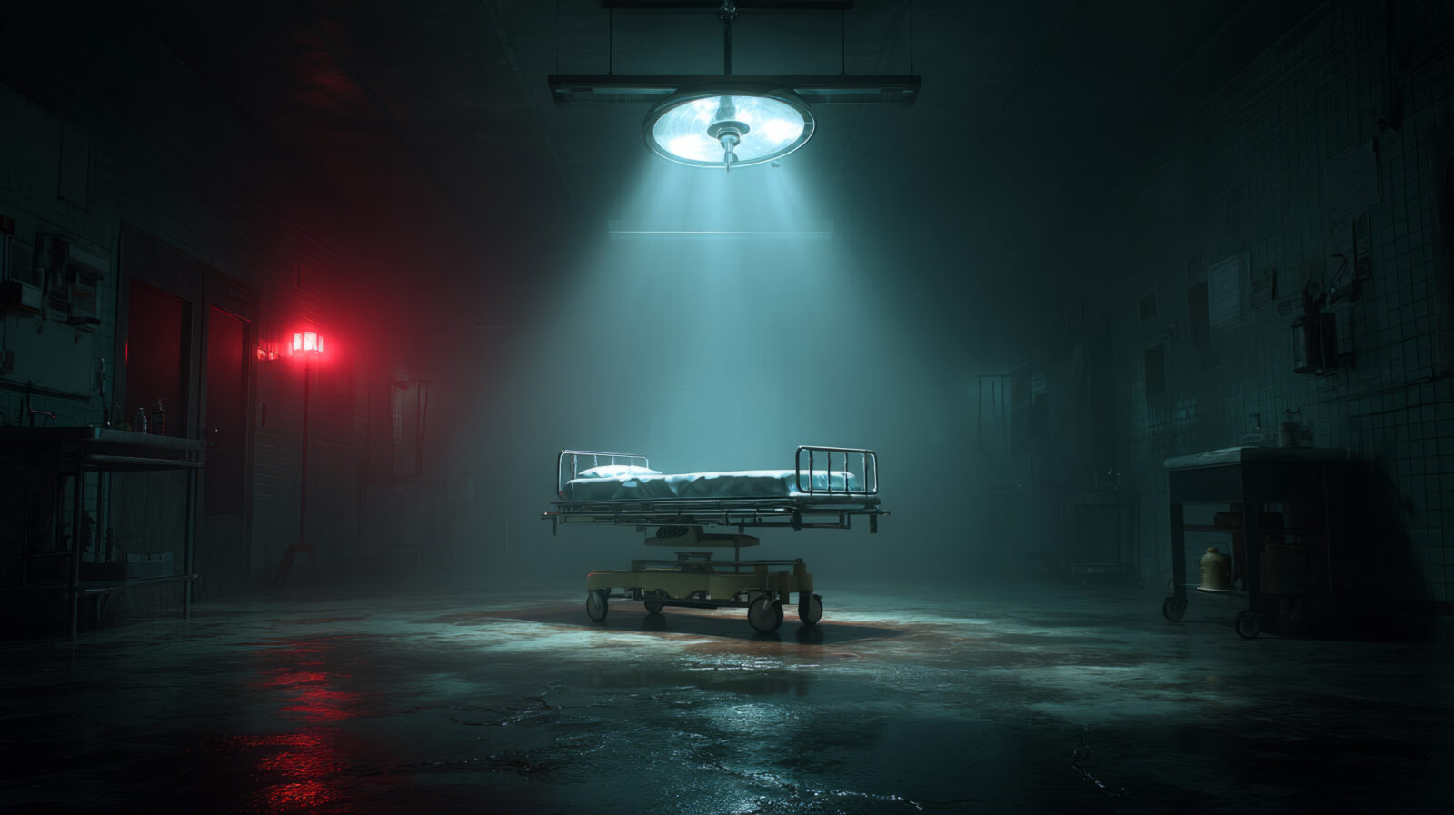 hospital gurney in the center of a dark room with a soft overhead medical light.