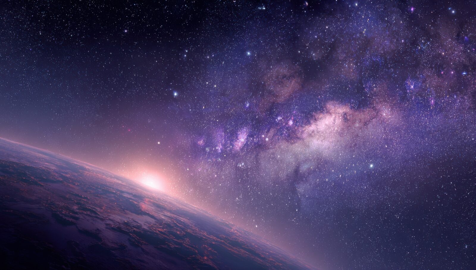 Stunning cosmic view of a planet's horizon with the sun rising and a magnificent galaxy filled with countless stars and colorful nebulae, ideal for space exploration, astronomy, and sci - fi themed pr