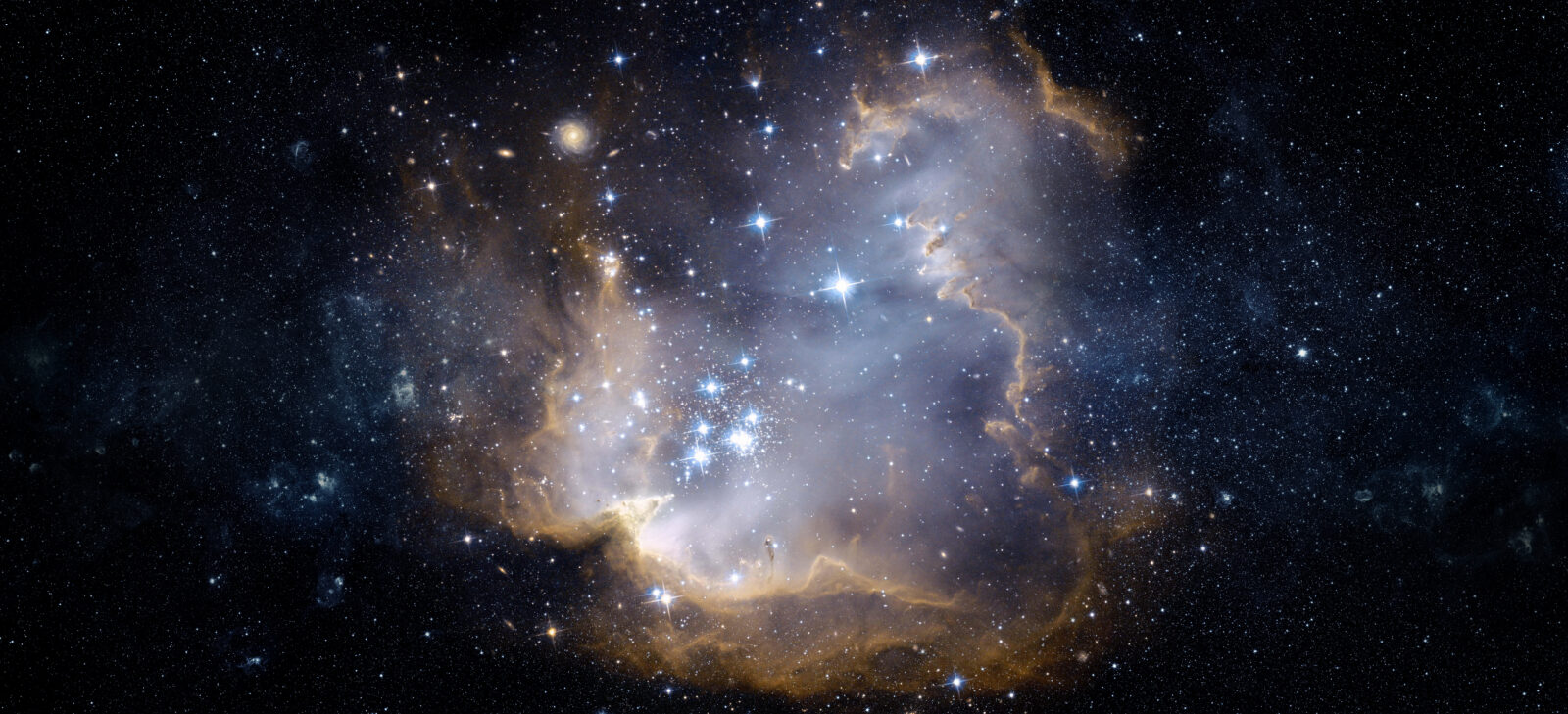 A view from space to a galaxy and stars. Universe filled with stars, nebula and galaxy,. Panoramic shot, wide format. Elements of this image furnished by NASA.
