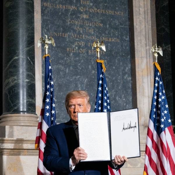 President Donald J. Trump signs the Constitution Day, Citizenship Day, and Constitution Week 2020 Proclamation Thursday, Sept. 17, 2020, during the White House Conference on American History at the National Archives and Records Administration in Washington, D.C