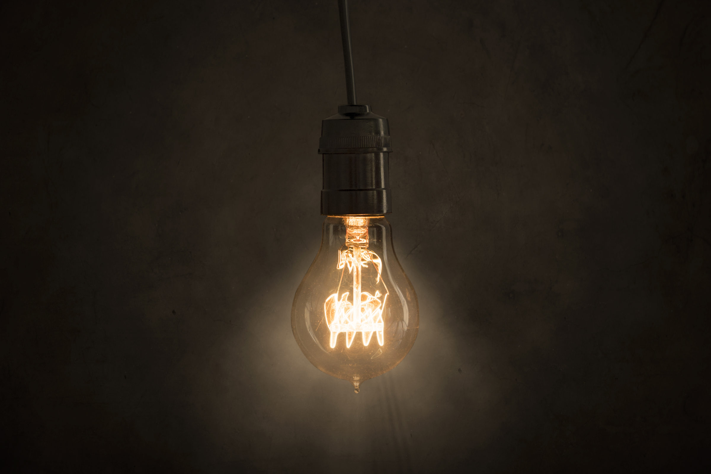 Incandescent light bulb hangs in the dark room