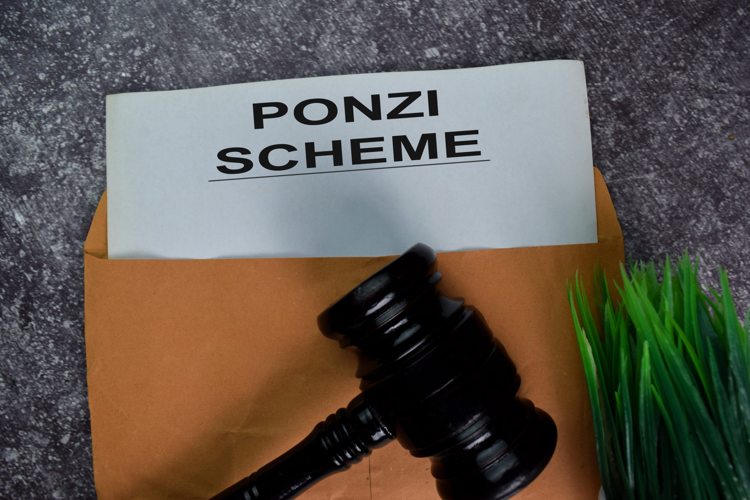Ponzi Scheme text with document brown envelope and gavel isolated on office desk.