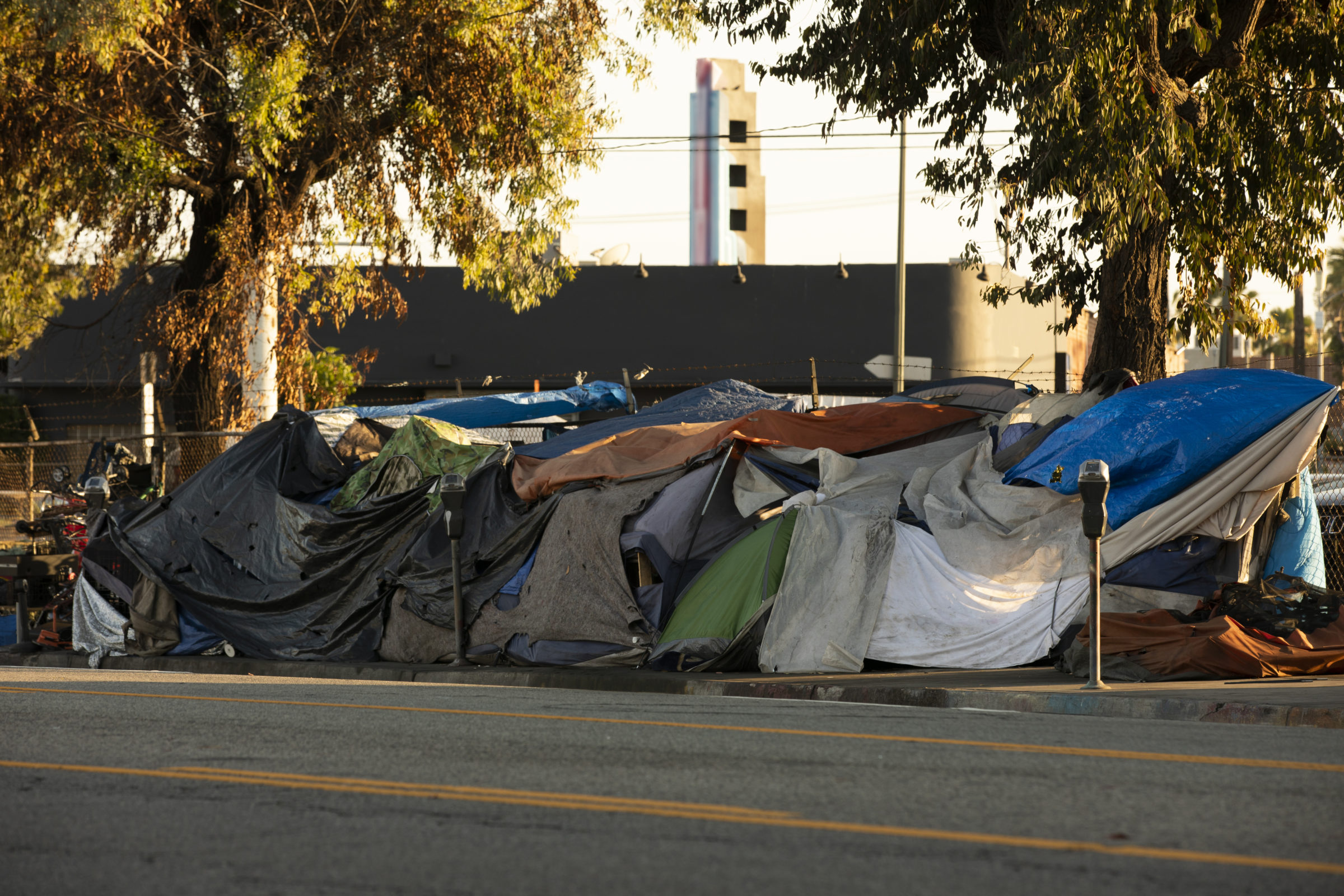 A homeless encampment sits on a street in Downtown Los Angeles, California, USA.