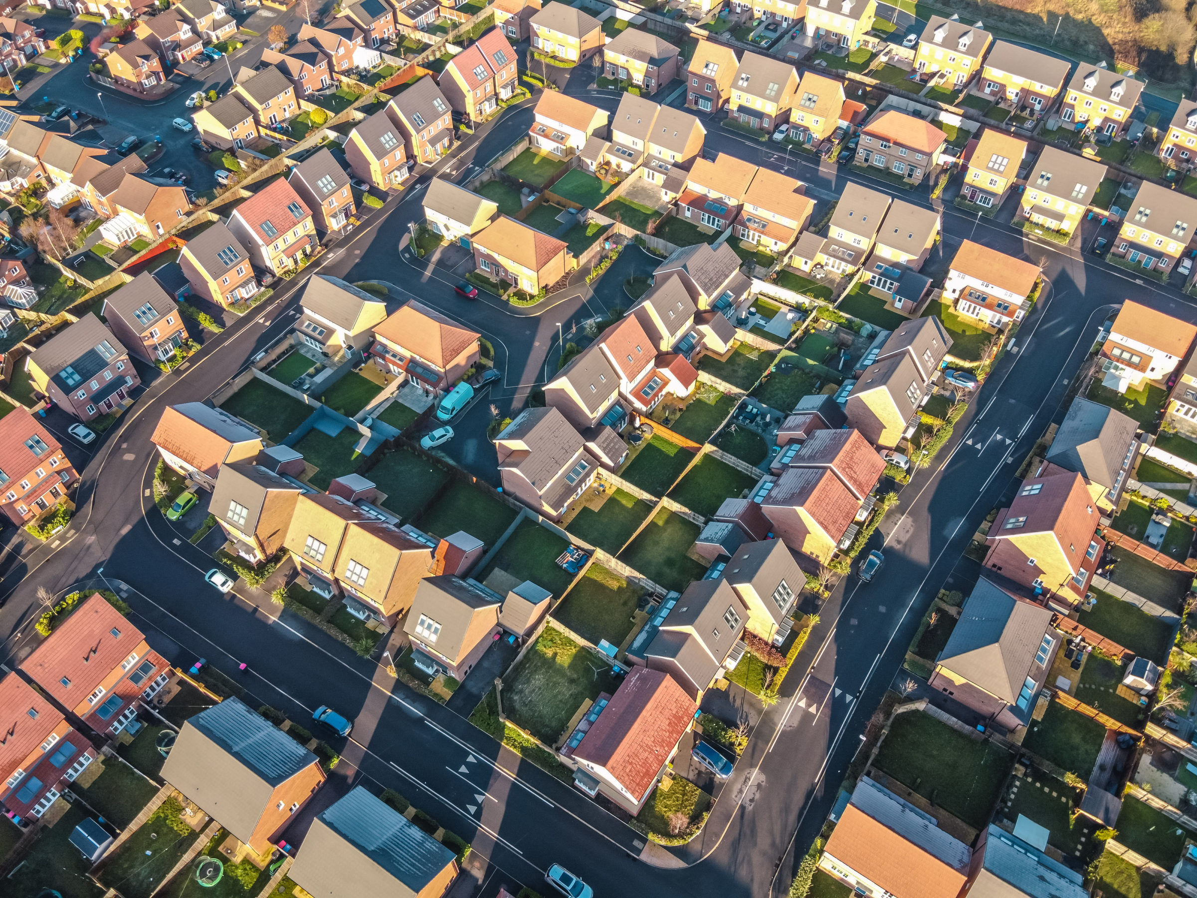 Aerial Houses Residential British England Drone Above View Summer Blue Sky Estate Agent