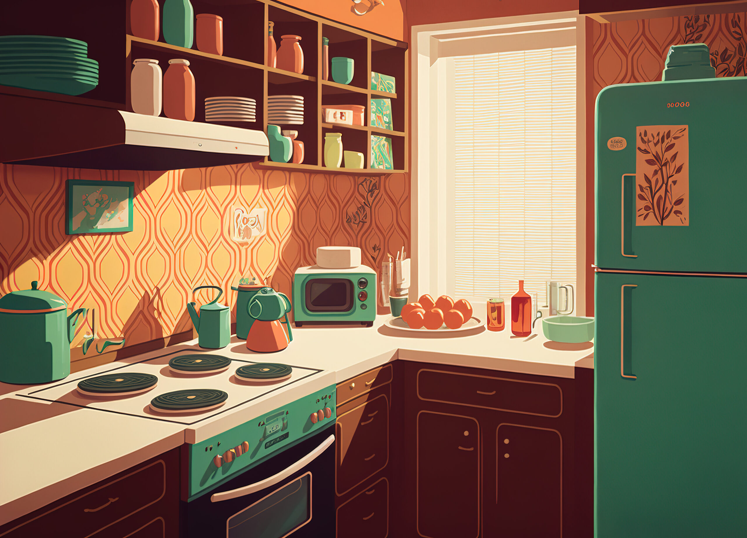 Illustration of a 70s kitchen. Stove, microwave. 70s furniture. Classic retro refrigerator. 70s design
