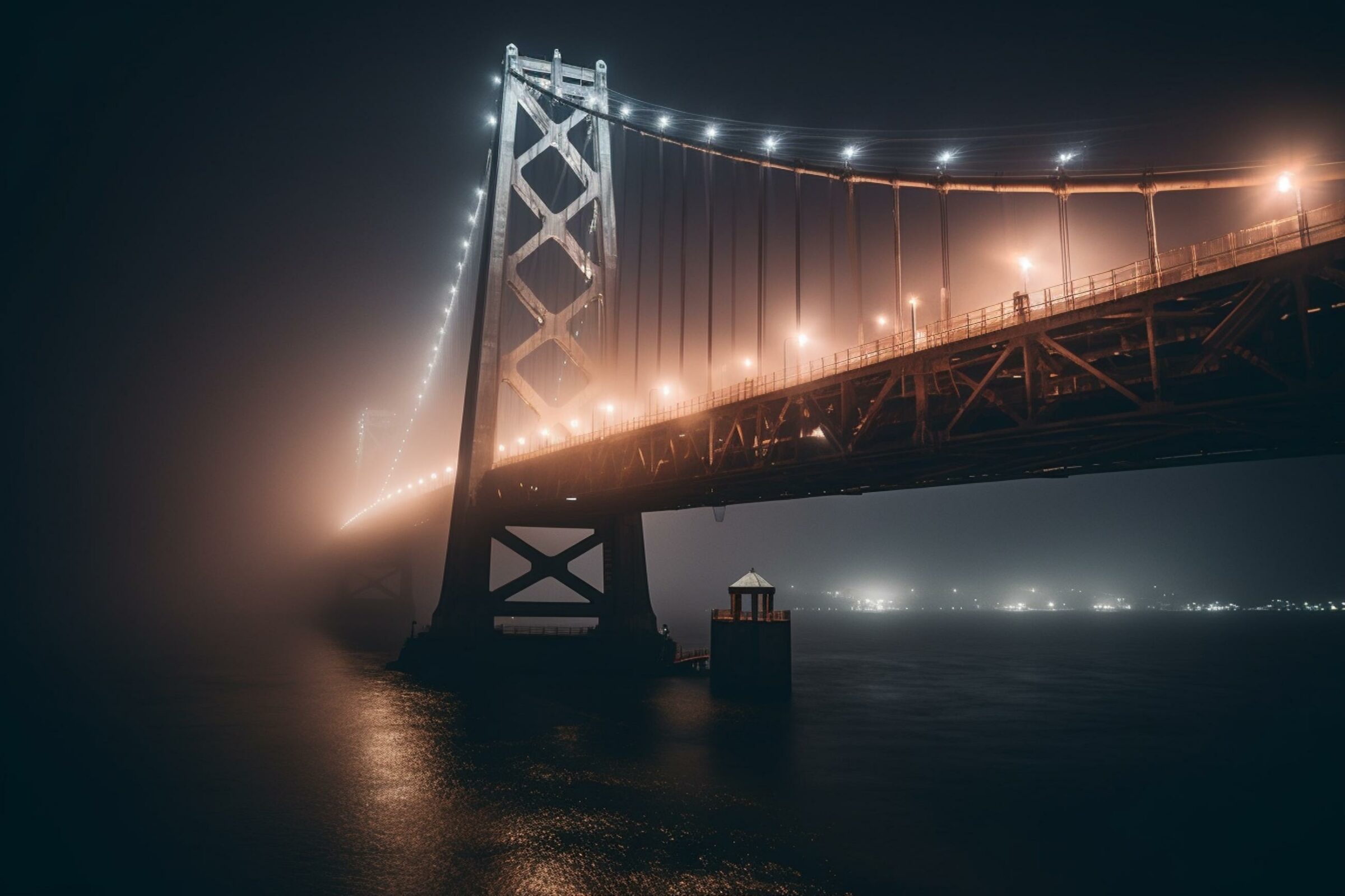 San Francisco's iconic bridge wrapped in fog as seen at night. Generative AI