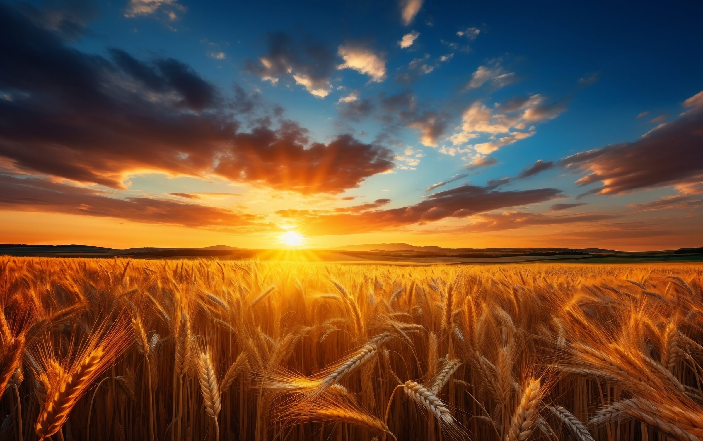 Sunset Landscape with Ripe Wheat Field. Generative AI