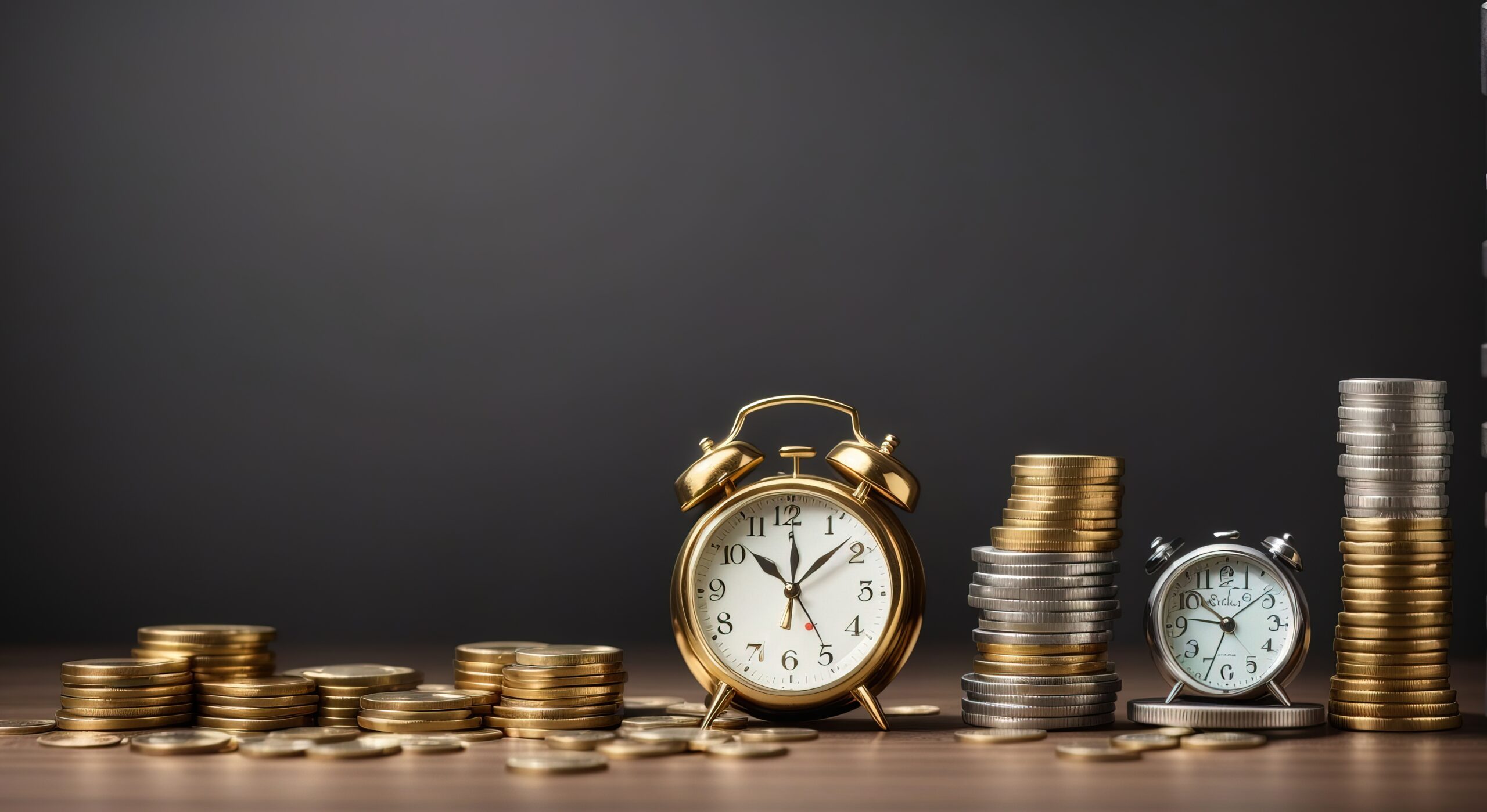 Stack of money coins with retro alarm clock