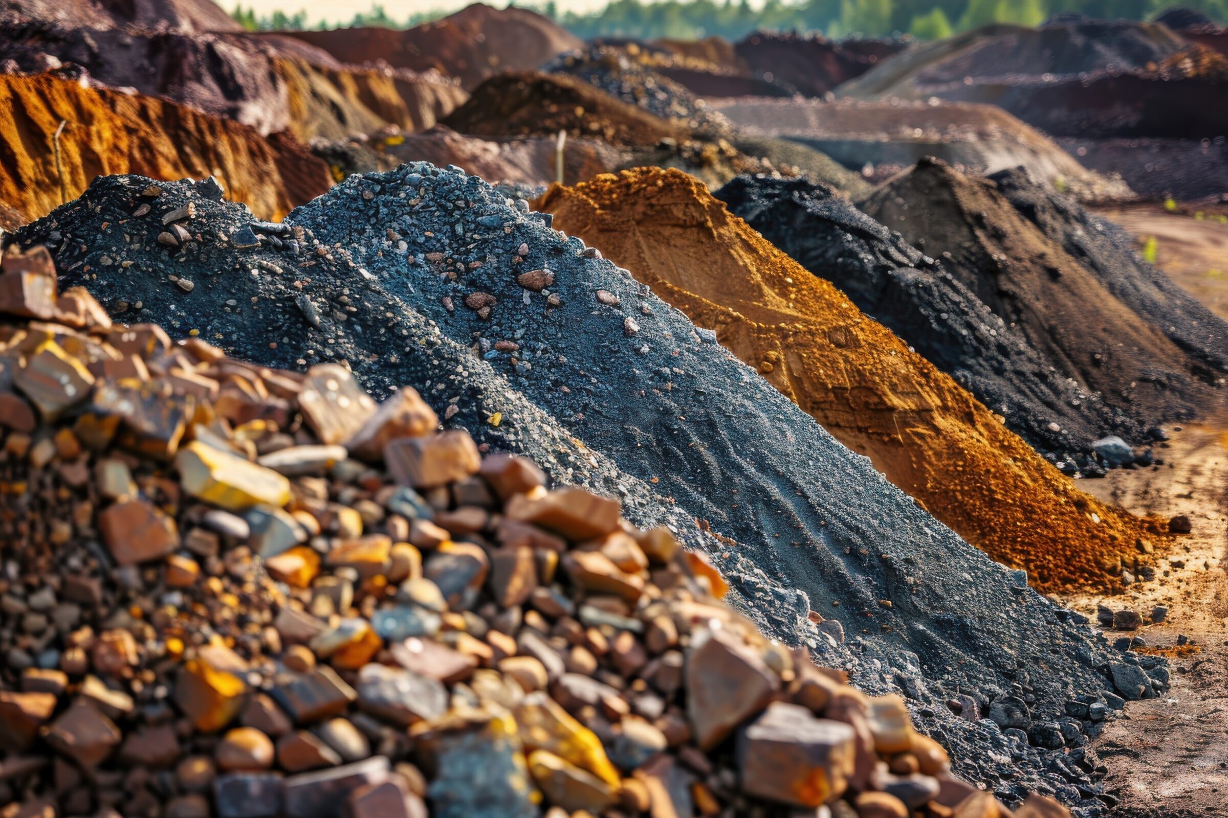 Piles of refined rare earth elements from mining activities: mining techniques, mineral refinement, aggregation of elements, industry procedures