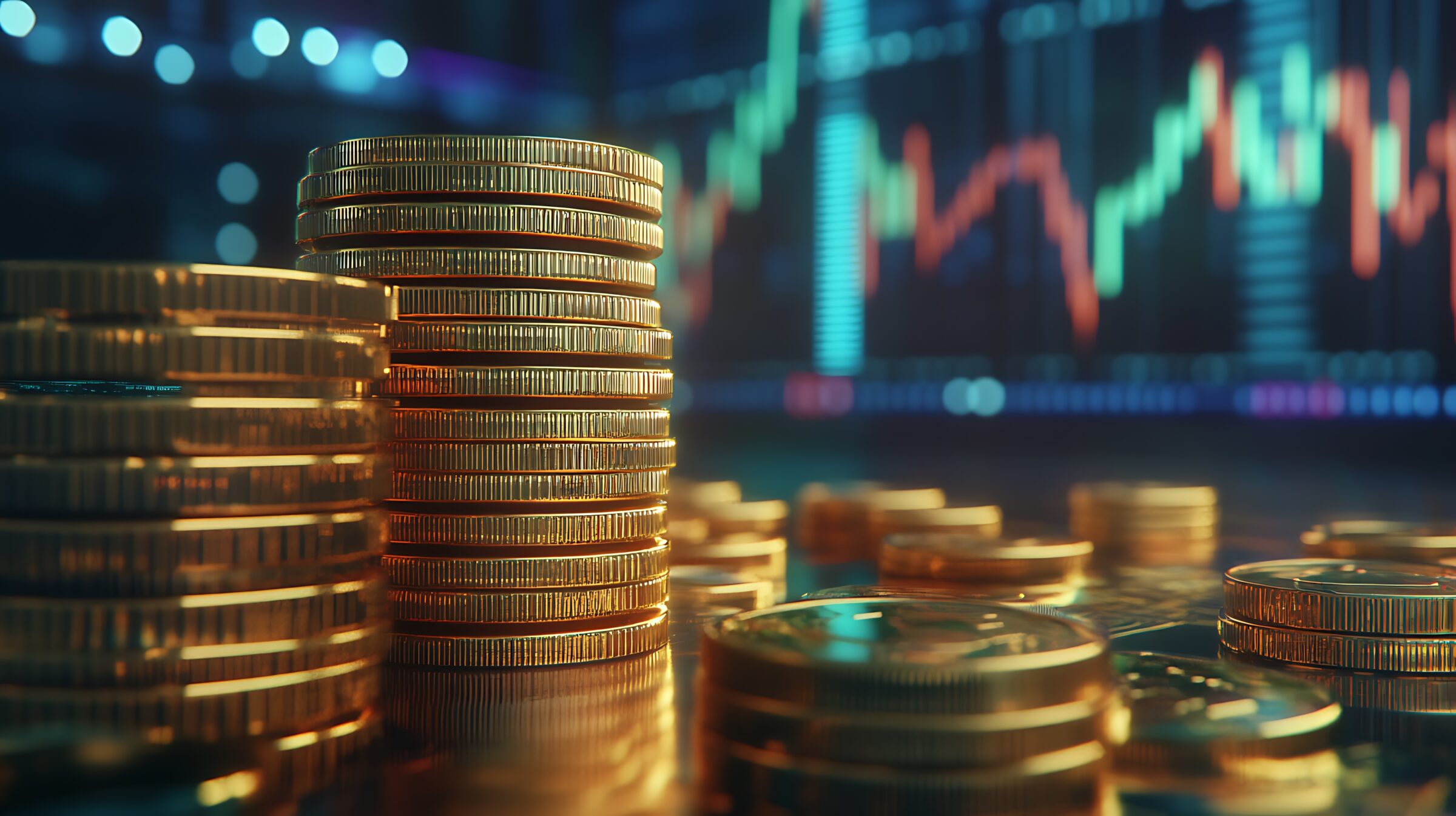 A stack of gold coins with stock market graphs in the background on a digital screen