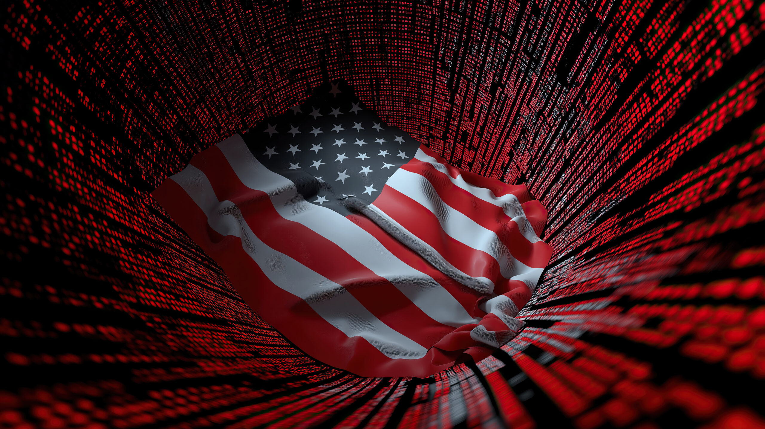 Digital matrix tunnel frames waving American flag centerpiece