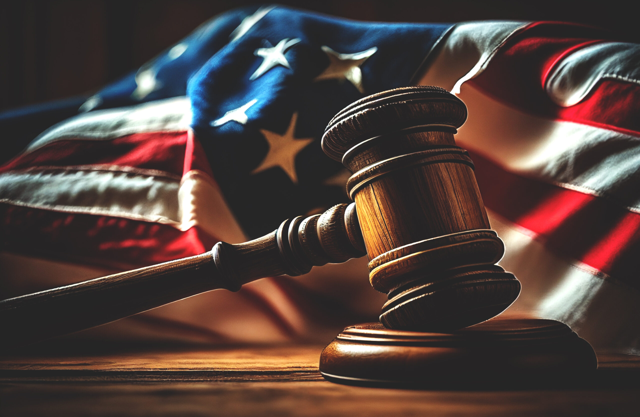 Mallet of judge in American courtroom. American flag in courtroom with Judge hammer or Mallet of judge. Justice concept in courtroom. Сourt of USA, United States (SCOTUS), appellate jurisdiction..
