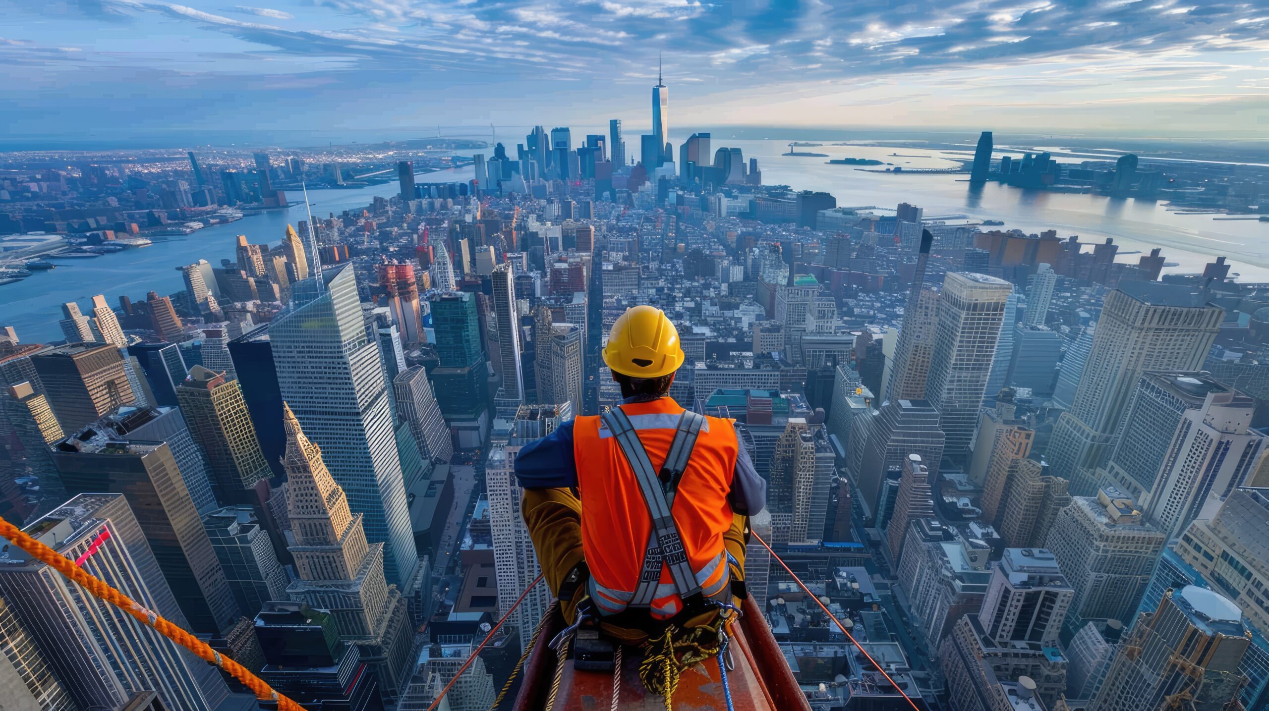 A construction worker sits on a beam overlooking NYC. This photo is ideal for illustrating concepts of urban development, construction, and risk.