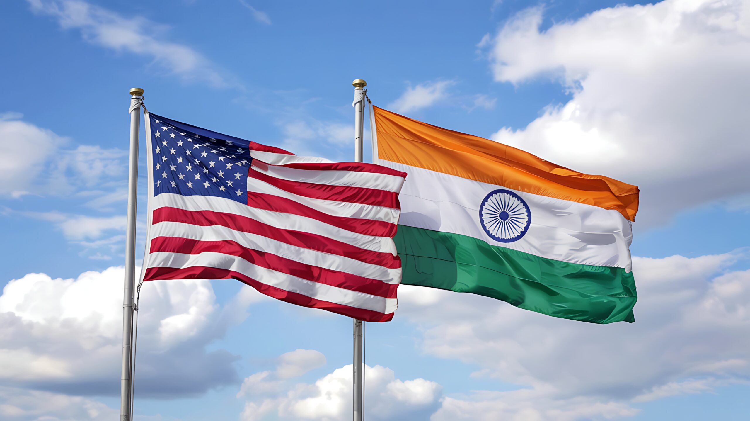 Two national flags the united states of america and india waving proudly side by side against a bright blue sky with fluffy white clouds