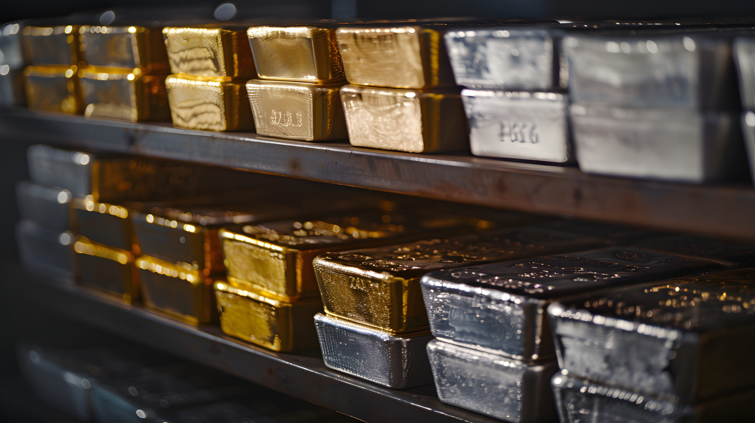 A collection of gold and silver bullion bars stacked in a secure vault symbolizing wealth preservation and investment security.