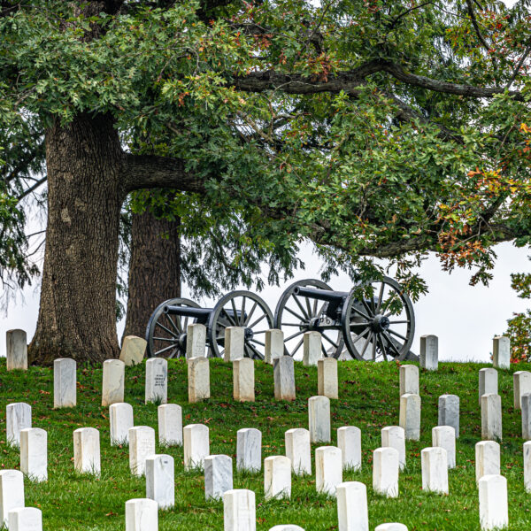 Civil War cannons with grave stones and trees in the fall