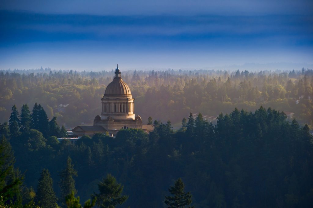 Distant view of the gold dome capital building in Olympia, Washington, USA
