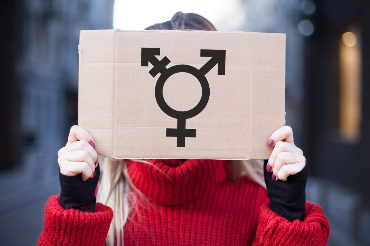 The symbol of the transgender in hands on a cardboard plate, covering (hiding) the face.
