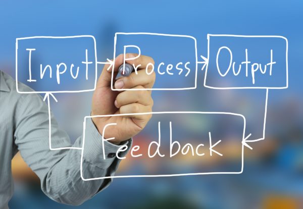 Hand of a businessman writing a business concept text of feedback idea on a blue background for design in your work Presentation.