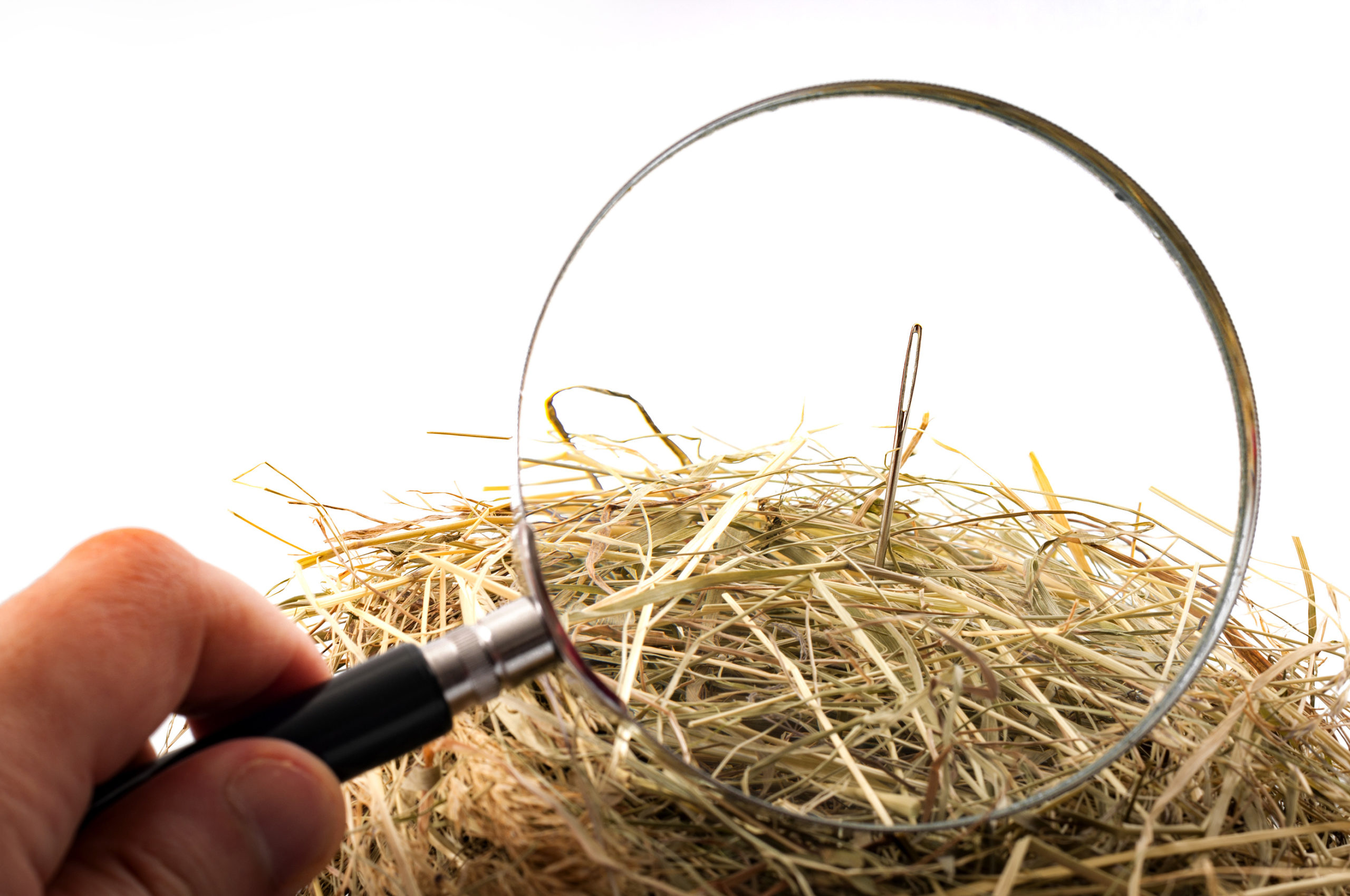 The idiom or the figure of speech “look for a needle in a haystack” is used to describe something elusive in a large space or a sisyphean task. Magnifying glass on the needle is isolated on white