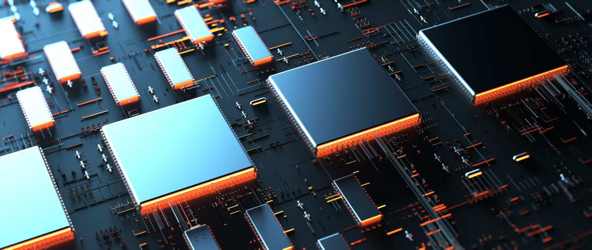 Circuit board futuristic server code processing. Orange, green, blue technology background with bokeh. 3d rendering