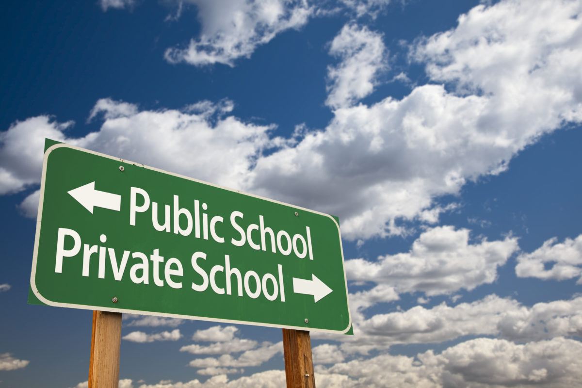 Public or Private School Green Road Sign Over Sky