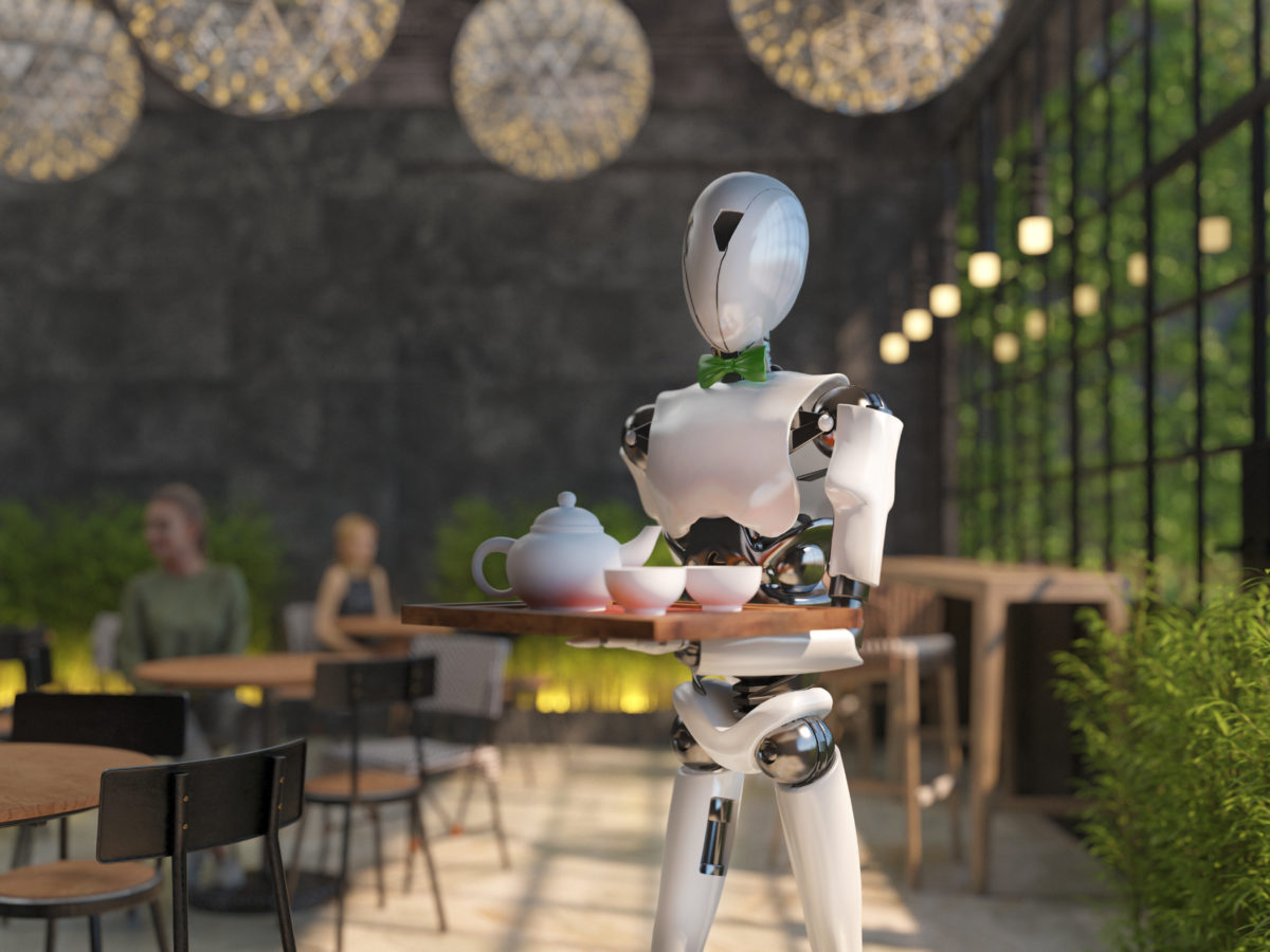A humanoid robot waiter carries a tray of food and drinks in a restaurant. Artificial intelligence replaces maintenance staff. The concept of the future. 3D rendering.