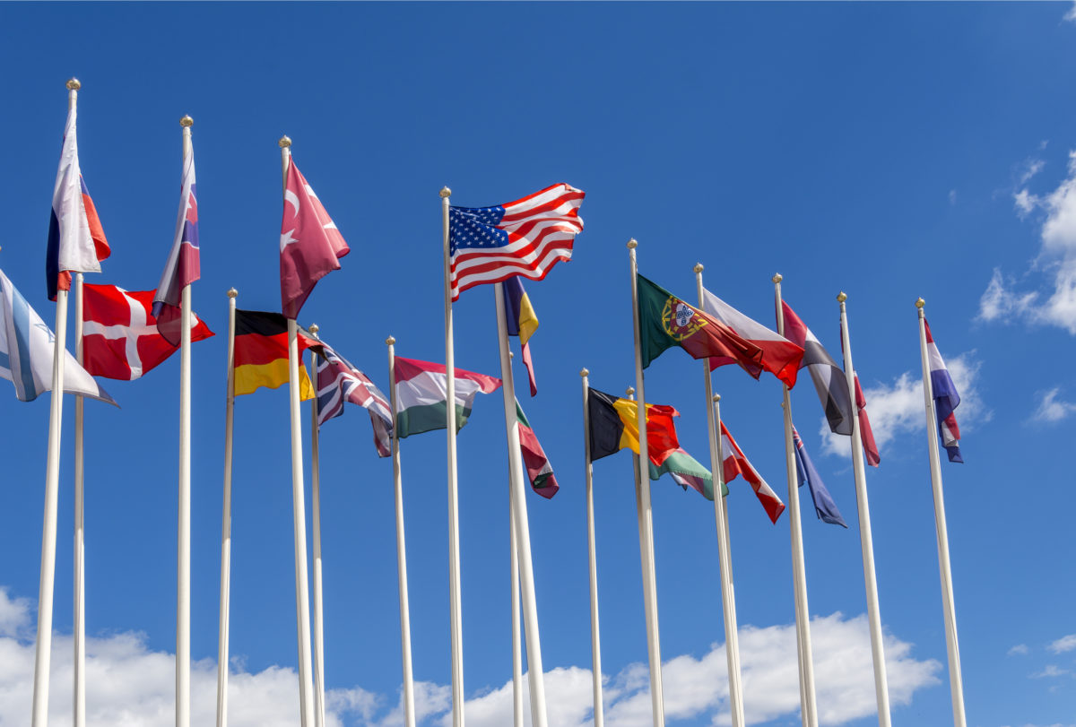 National flags on the masts. The flags of the United States, Germany, Belgium, Italia,Israel, Turkey and other