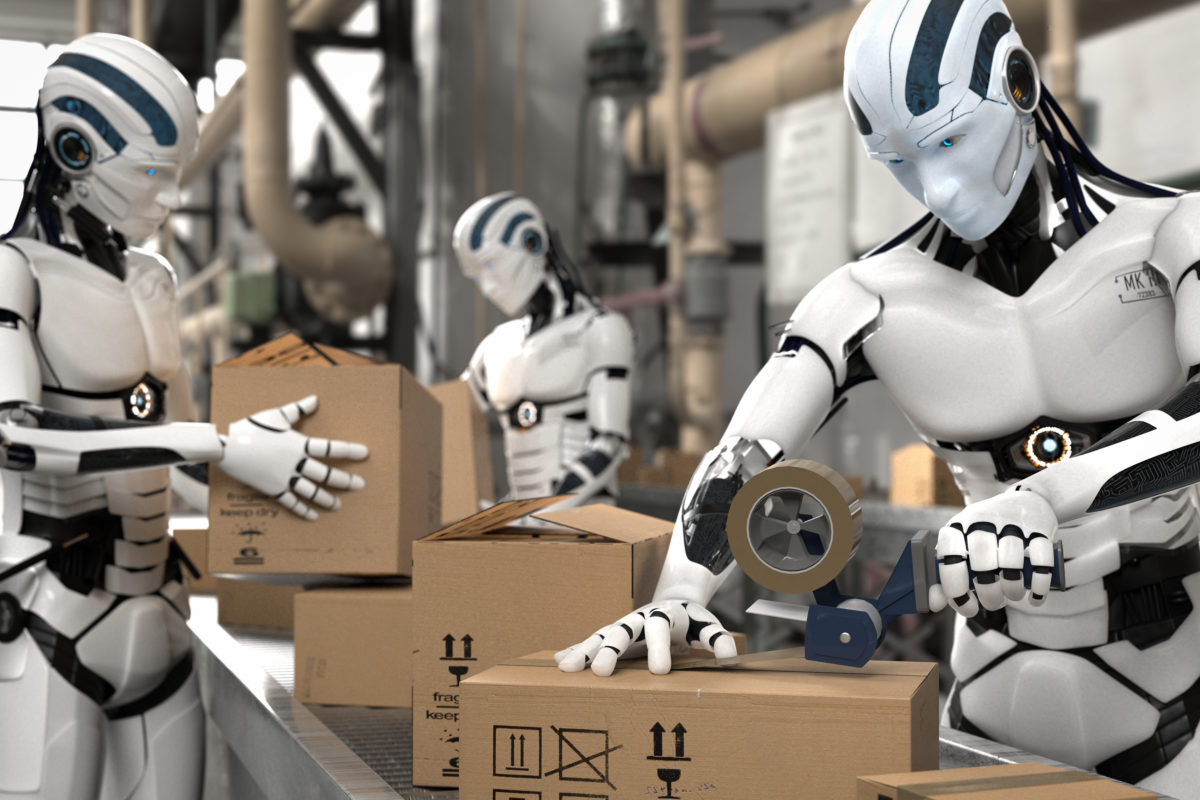 3D Illustration Roboter als Arbeitskraft in der Logistik
