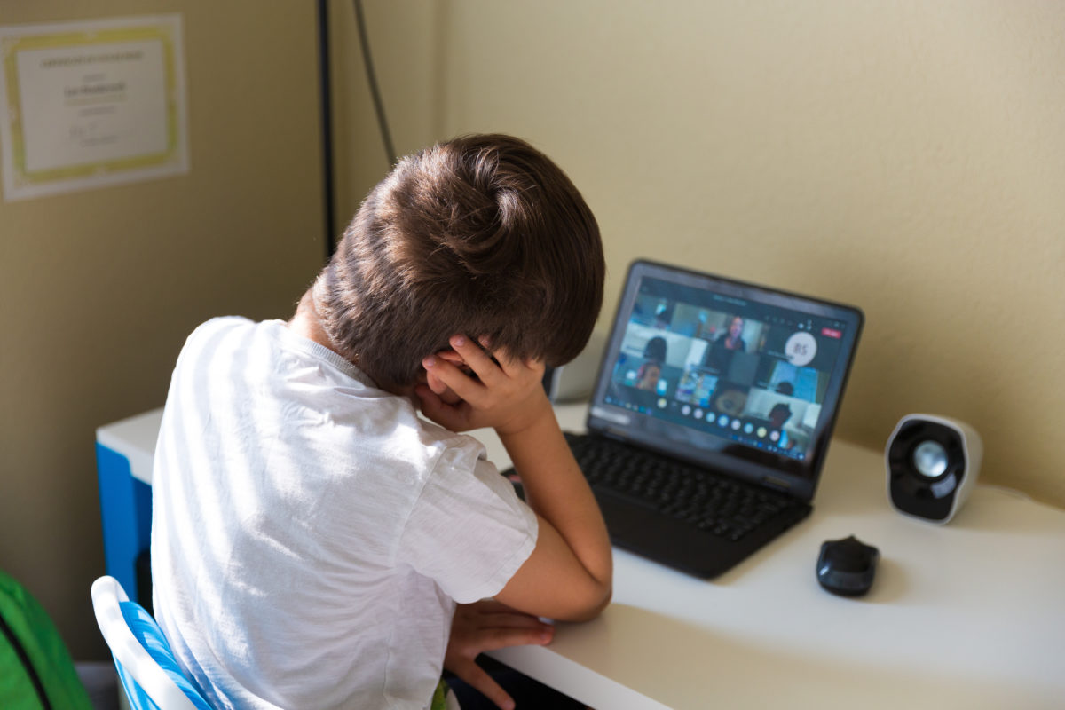 Boy student having a video call with his classmates