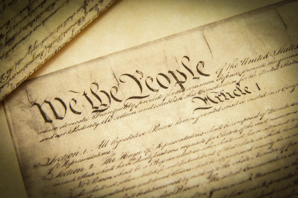 Closeup of a replica of U.S. Constitution document